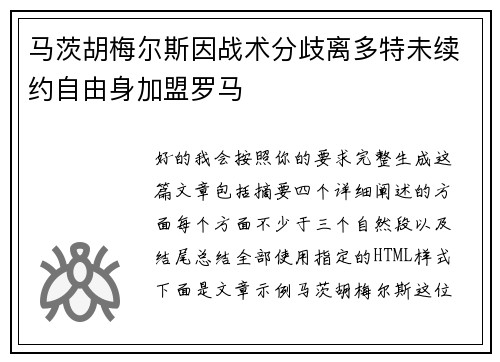 马茨胡梅尔斯因战术分歧离多特未续约自由身加盟罗马